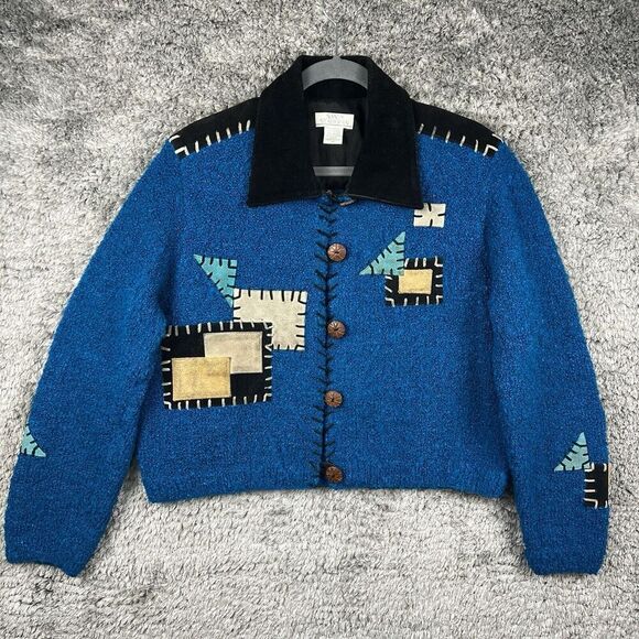 VTG Sandy Starkman Women’s Patchwork Jacket Blue Buttoned Leather Size M - Picture 1 of 9